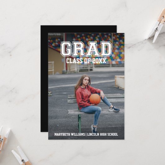 ミニマリスト写真卒業バーシティパーティーカード 招待状 (正面/裏面インサイチュ)