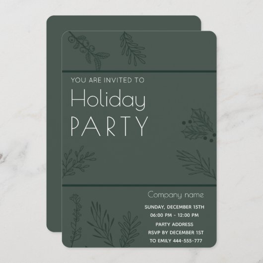 ミニマリスト冬の緑のホリデーパーティー 招待状 (正面/裏面)