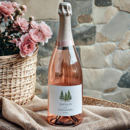 ミニマリスト冬の雪の松の木の森結婚の スパークリングワインラベル