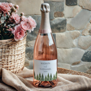 ミニマリスト冬の雪の松の木の森結婚の スパークリングワインラベル