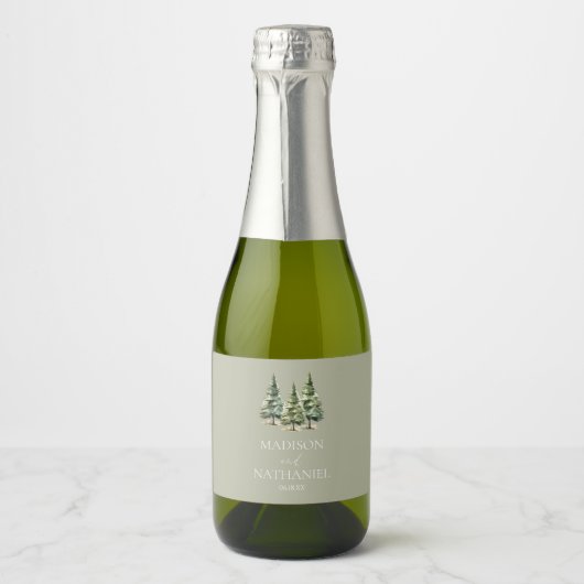 ミニマリスト冬の雪の松の木の森結婚の スパークリングワインラベル (正面)