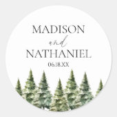 ミニマリスト冬の雪の松の木の森結婚の ラウンドシール (正面)