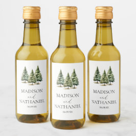 ミニマリスト冬の雪の松の木の森結婚の ワインラベル