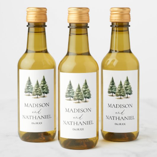 ミニマリスト冬の雪の松の木の森結婚の ワインラベル (ボトル)