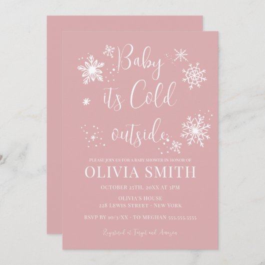 ミニマリスト冬の雪片ガールベビーシャワー 招待状 (正面/裏面)