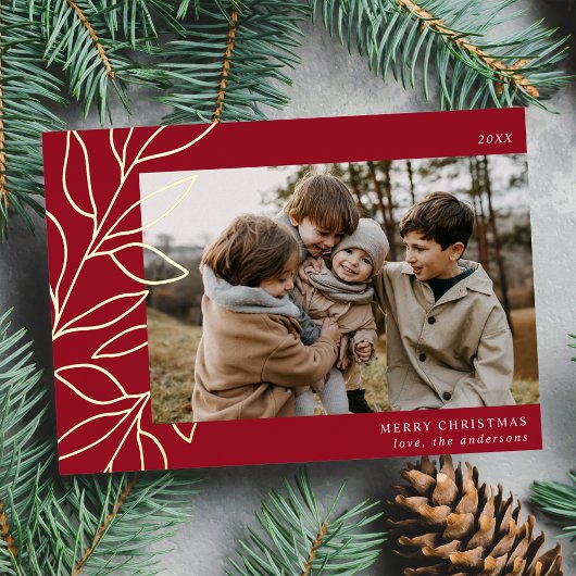 ミニマリスト冬植物赤い写真 箔シーズンカード