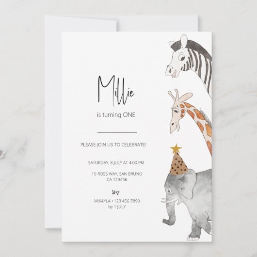 ミニマリスト動物をテーマにした誕生日招待状 招待状 (正面)