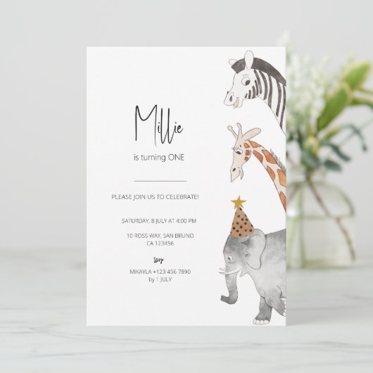 ミニマリスト動物をテーマにした誕生日招待状 招待状 (スタンド正面)