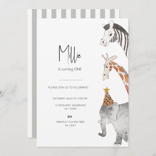 ミニマリスト動物をテーマにした誕生日招待状 招待状 (正面/裏面)