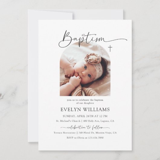 ミニマリスト十字洗礼と《キリスト教》洗礼式や命名式写真 招待状 (正面)