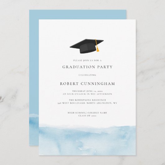 ミニマリスト卒業2024水彩卒業パーティー 招待状 (正面/裏面)