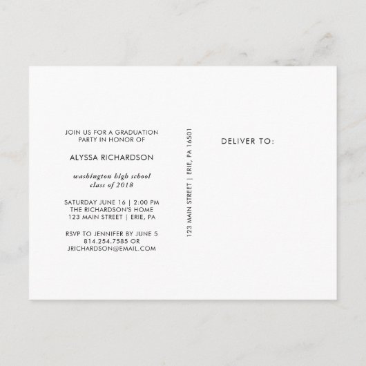 ミニマリスト卒業 | フォト卒業パーティー招待状 インビテーションポストカード (裏面)