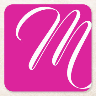 ミニマリスト向けホットピンクとホワイトスクリプトモノグラム スクエアペーパーコースター