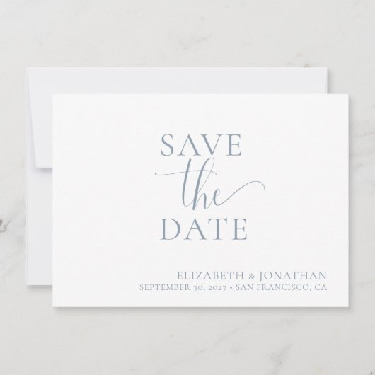 ミニマリスト埃っぽいブルーウェディング日付カードを保存 招待状 (正面)