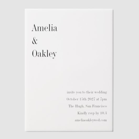 ミニマリスト基本エレガントホワイトシモダンック結婚ス ベラム紙招待状 (正面)