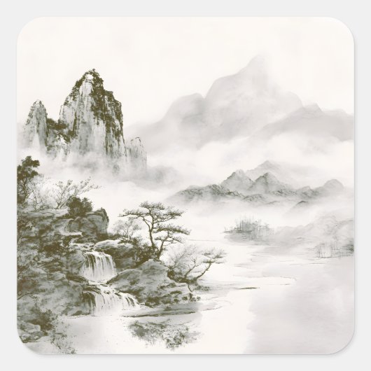 ミニマリスト墨絵の神秘的な禅山水画 スクエアシール (正面)