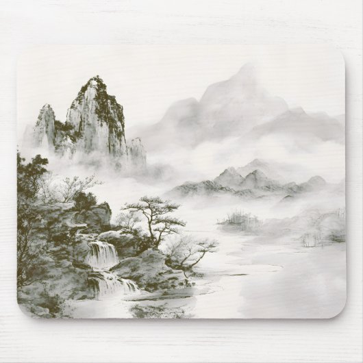 ミニマリスト墨絵の神秘的な禅山水画 マウスパッド (正面)