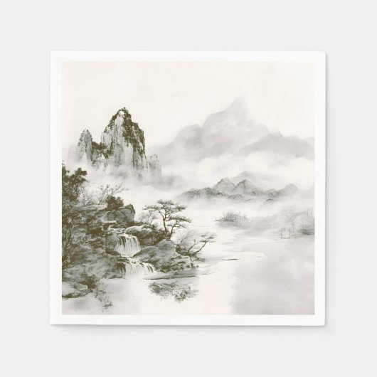 ミニマリスト墨絵の神秘的な禅山水風景 スタンダードカクテルナプキン (正面)