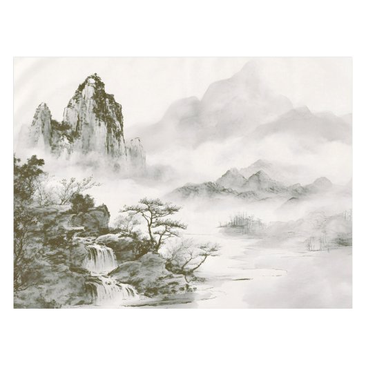 ミニマリスト墨絵の神秘的な禅山水風景 テーブルクロス (正面(横))