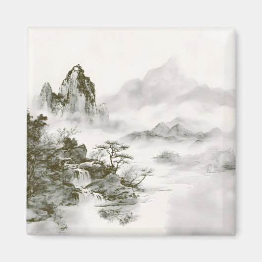 ミニマリスト墨絵の神秘的な禅山水風景 マグネット (正面)
