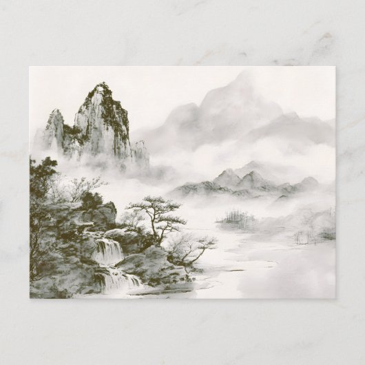 ミニマリスト墨絵の神秘的な禅山水風景 案内ポストカード (正面)