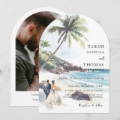 ミニマリスト夏ビーチ目的地の結婚式 招待状 (正面/裏面)