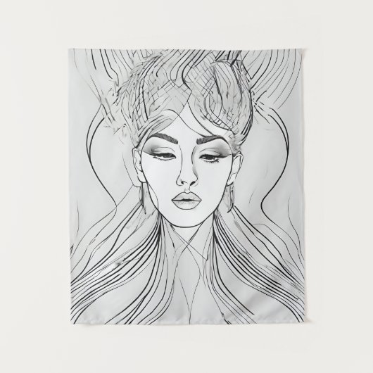 ミニマリスト女性肖像線画アートプリント タペストリー (正面)