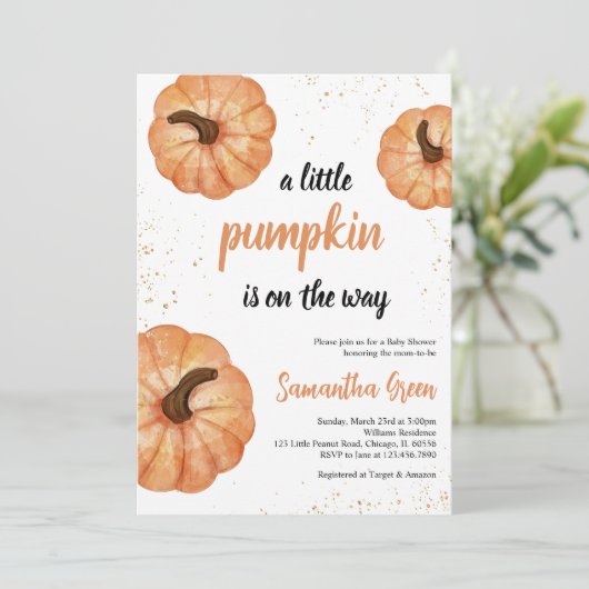 ミニマリスト小さなかぼちゃの赤ちゃんシャワー 招待状 (スタンド正面)