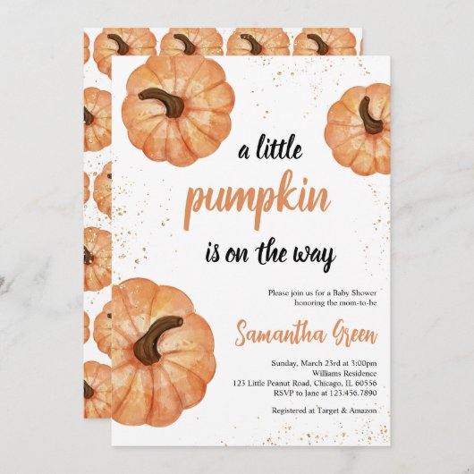 ミニマリスト小さなかぼちゃの赤ちゃんシャワー 招待状 (正面/裏面)