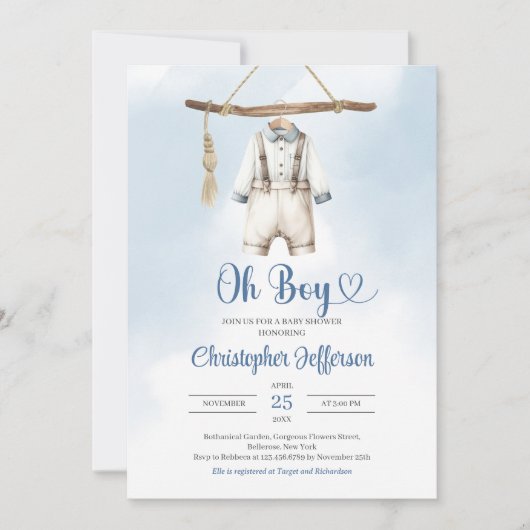 ミニマリスト少年ブルーと白の服ベビーシャワー 招待状 (正面)