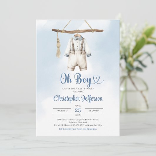 ミニマリスト少年ブルーと白の服ベビーシャワー 招待状 (スタンド正面)