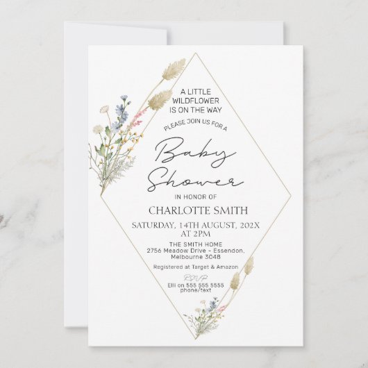 ミニマリスト幾何学模様ワイルドフラワーベビーシャワー 招待状 (正面)