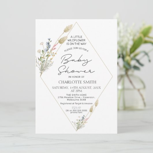 ミニマリスト幾何学模様ワイルドフラワーベビーシャワー 招待状 (スタンド正面)