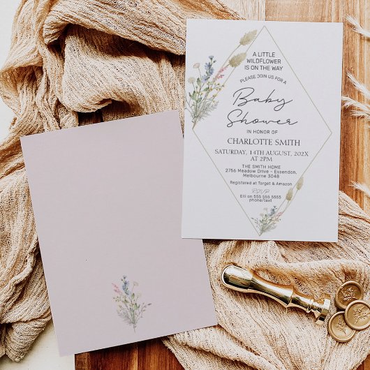 ミニマリスト幾何学模様ワイルドフラワーベビーシャワー 招待状