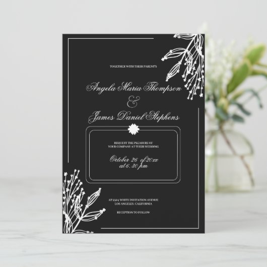 ミニマリスト幾何学白黒フローラ結合 招待状 (スタンド正面)