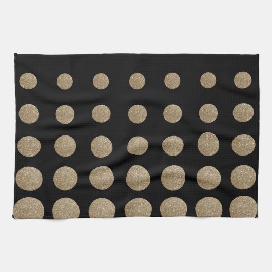 ミニマリスト幾何学的ブラック金ゴールドグリッター水玉模様 キッチンタオル (横)