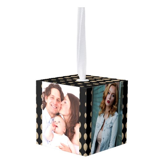 ミニマリスト幾何学的ブラック金ゴールドグリッター水玉模様 キューブオーナメント (裏面アングル)