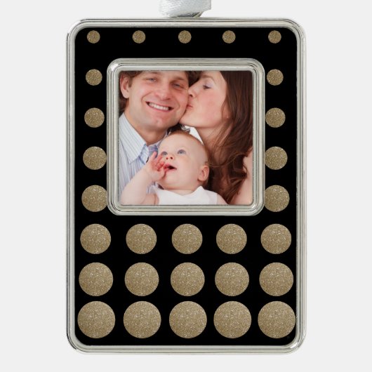 ミニマリスト幾何学的ブラック金ゴールドグリッター水玉模様 シルバープレートフレームオーナメント (正面)