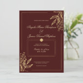 ミニマリスト幾何学的ブルゴーニュ金ゴールド結婚フローラ 招待状 (スタンド正面)