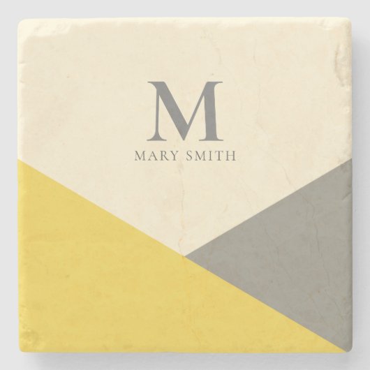 ミニマリスト幾何学黄色と灰色モノグラム ストーンコースター (正面)