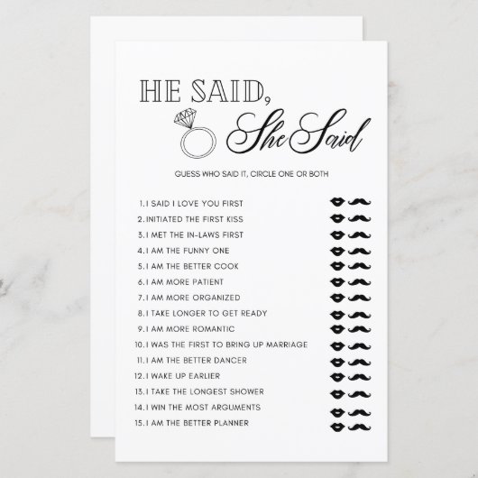 ミニマリスト彼は彼女はブライダルシャワーゲームを言った (正面/裏面)