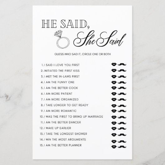 ミニマリスト彼は彼女はブライダルシャワーゲームを言った (正面)