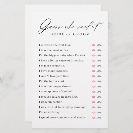 ミニマリスト彼は彼女はブライダルシャワーゲームを言った (正面/裏面)