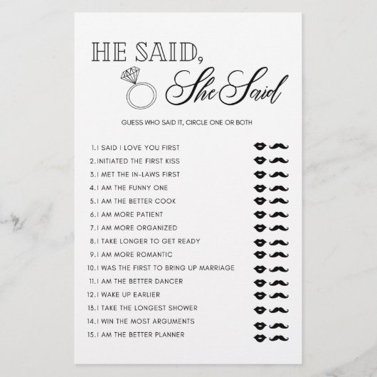 ミニマリスト彼は彼女はブライダルシャワーゲームを言った チラシ (正面)