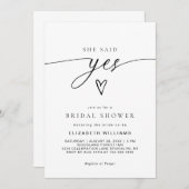ミニマリスト彼女は言ったYesハートスクリプトブライダルシャワー 招待状 (正面/裏面)