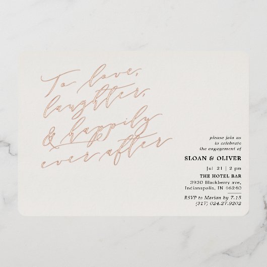 ミニマリスト愛する笑い引用文婚約パーティ 箔招待状 (正面)