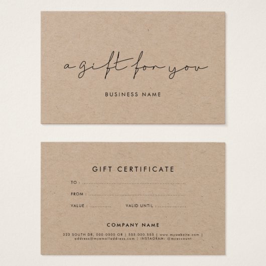 ミニマリスト手書きクラフトのギフト証明書 (正面&裏面)