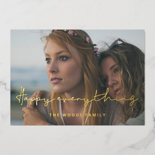 ミニマリスト手書きハッピーエブリシングフォトゴールド 箔シーズンカード (正面)