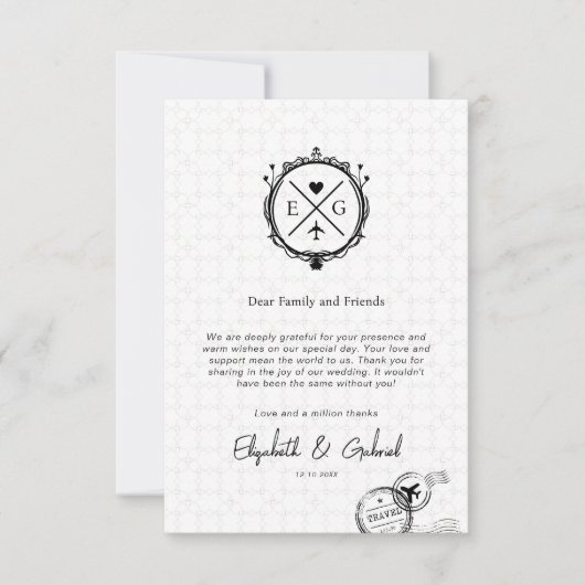 ミニマリスト旅行先ウェディングブラック サンキューカード (正面)