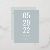 ミニマリスト日付を保存ダスティブルー 箔招待状ポストカード (正面/裏面)